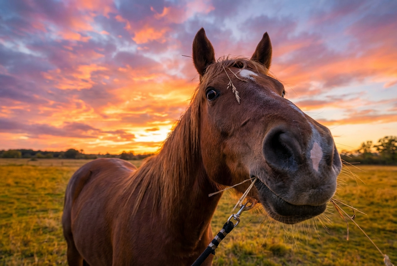 Brown Horse Photo with sunset