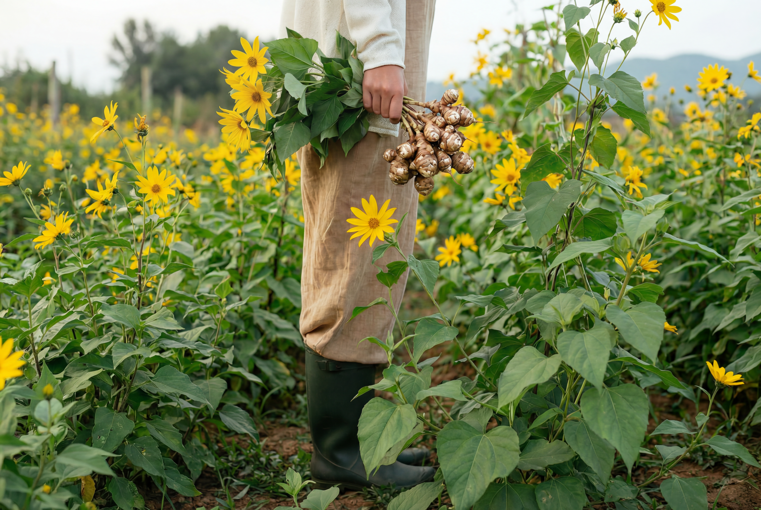 Topinamburu Field with human, Jerusalem artichoke