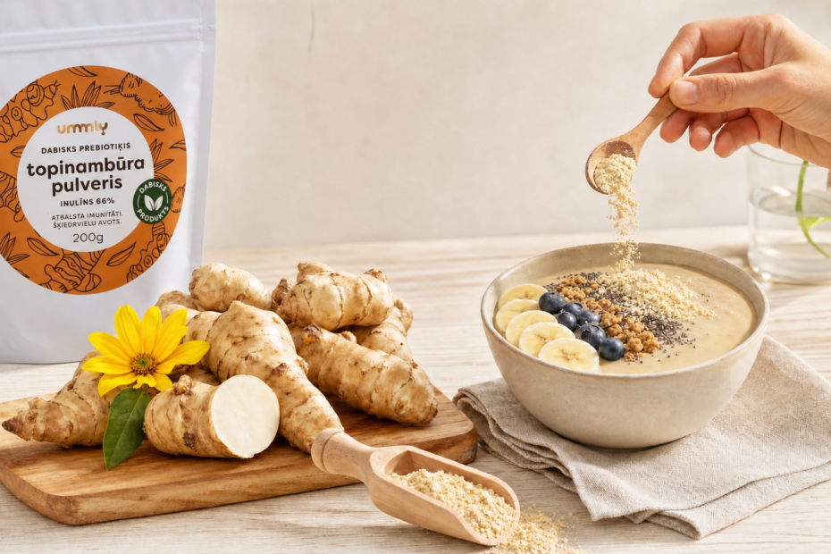 Jerusalem artichoke tubers and powder next to a smoothie bowl with banana, blueberries, and granola