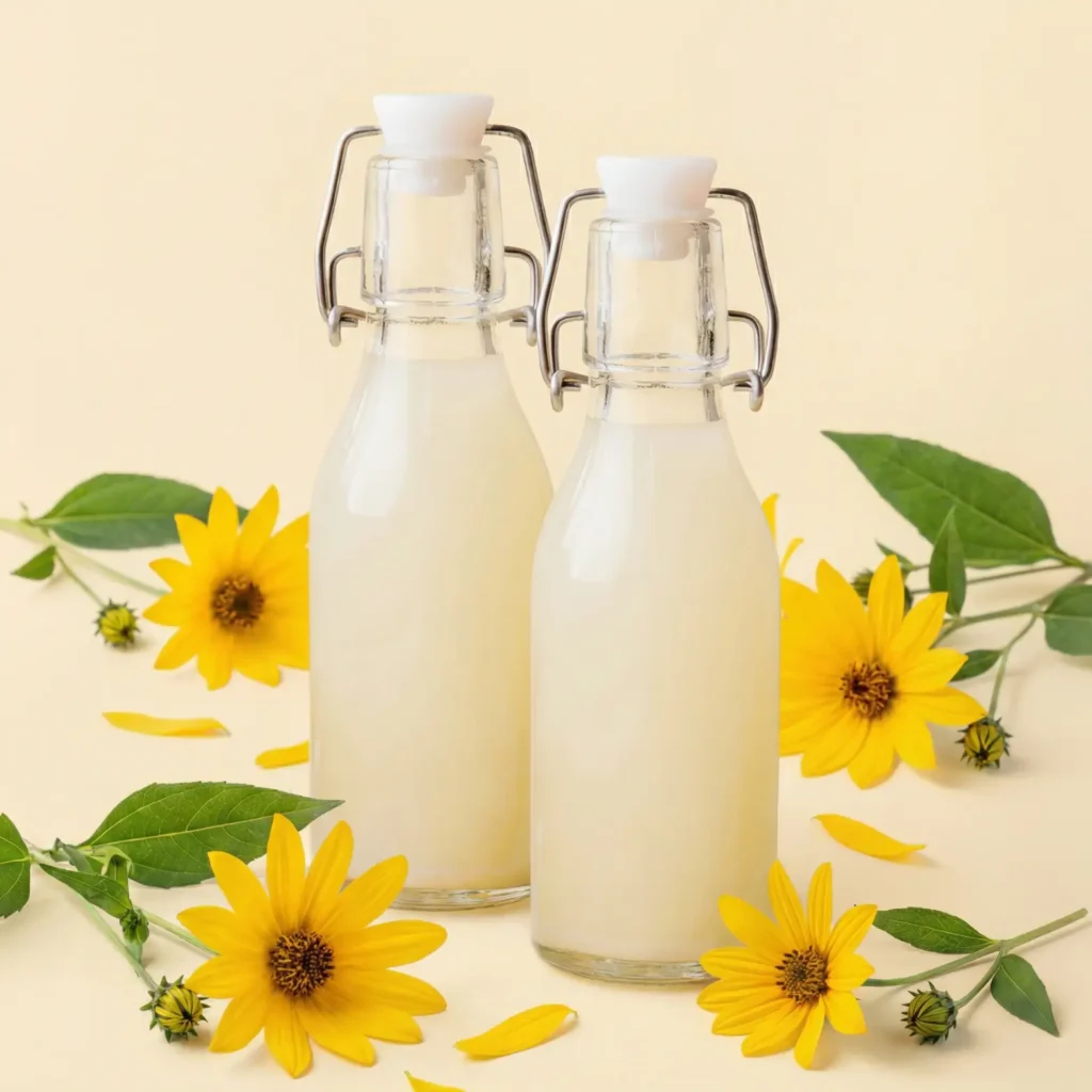 Jerusalem Artichoke Juice Bottles with flowers